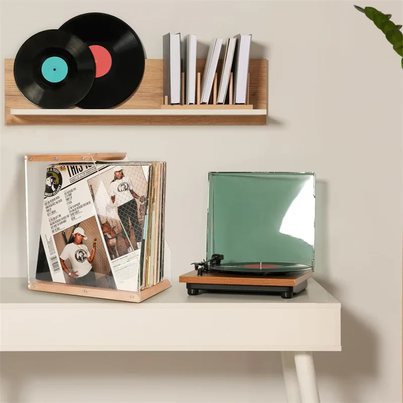 Wooden Record Rack Desktop Ornament Transparent Vinyl Record Display Rack Tape Book Storage Box Solid Wood Organizer