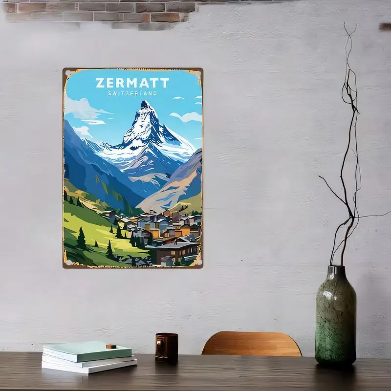 Vintage Metal Tin Sign - Zermatt Switzerland Matterhorn Alpine Scene, Colorful Retro Wall Art, Iron Material, Perfect for Home/C