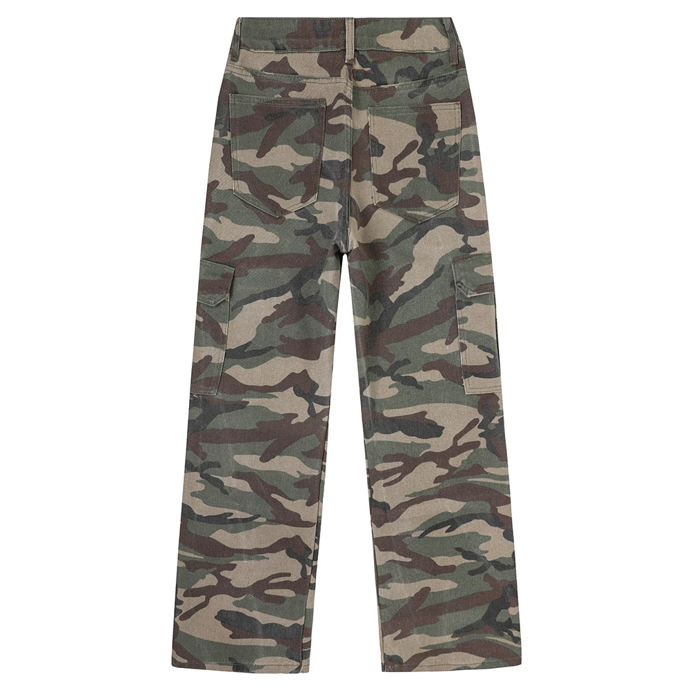 Men Camouflage Print Jeans Camo Pattern Multi Pockets Cargo Pants Holes Ripped Loose Straight Denim Trousers