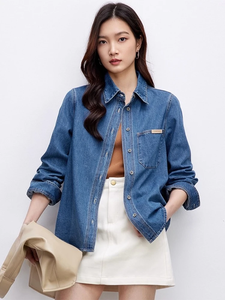 

SENTUBILA Women's Denim Shirt Cotton 2025 Autumn Casual Loose Long Sleeve Tops Classic Versatile Female Clothing﻿ W51C58811