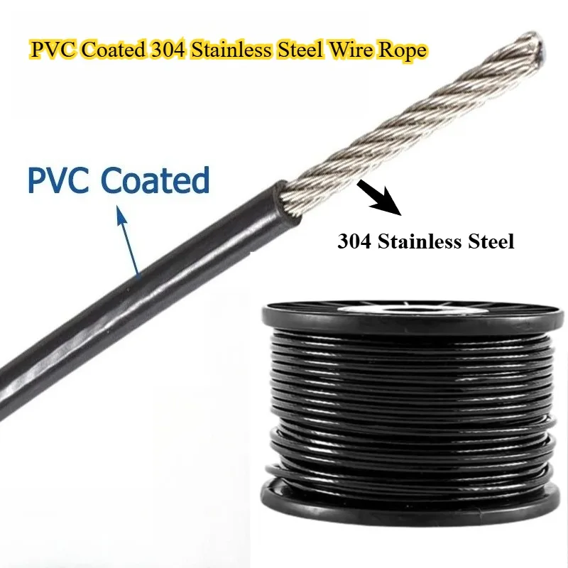 1-20M Black PVC Coated 304 Stainless Steel Wire Rope Cable Flexible Soft Steel Cable Clothesline Diameter 1/1.2/1.5/2/3/4/5/6mm