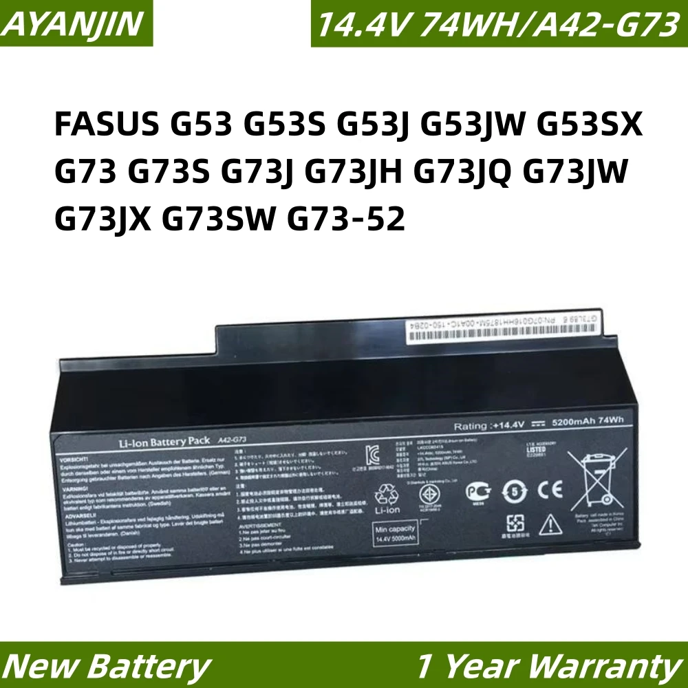 

A42-G73 14.4V 74WH/5200mAh Laptop Battery for ASUS G53 G53S G53J G53JW G53SX G73 G73S G73J G73JH G73JQ G73JW G73JX G73SW G73-52