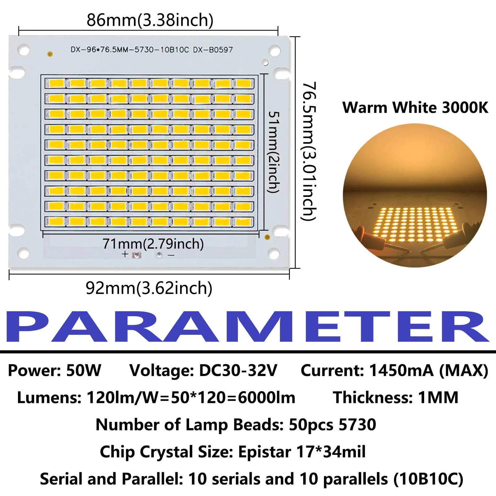 LED Beads COB Diode DC30-32V 5730 50W 1450mA 6000lm Epistar PCB LED per proiettori faretti lampada da giardino illuminazione esterna fai da te