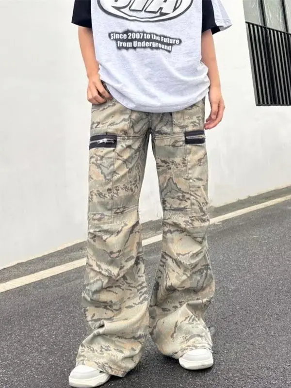 American Retro Camouflage Work Pants Men's Summer High Street Vibe Loose Straight Leg Wide Leg Casual Long Trousers Trendy