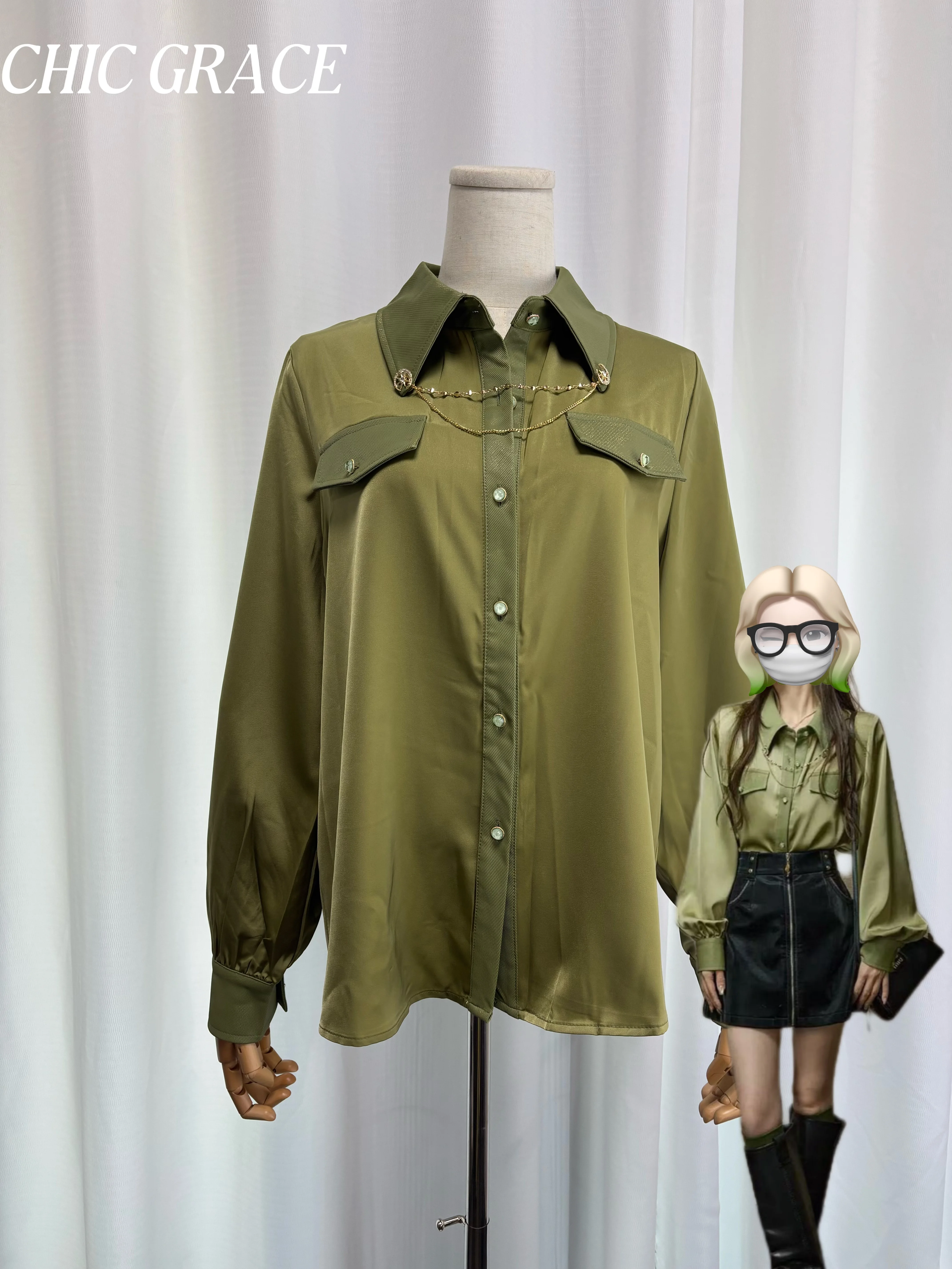 

Real shot Women's Flattering Olive Green Shirt - Glossy Fabric Loose Long Sleeve Blouse with Brooch Decoration & Patchwork Leath