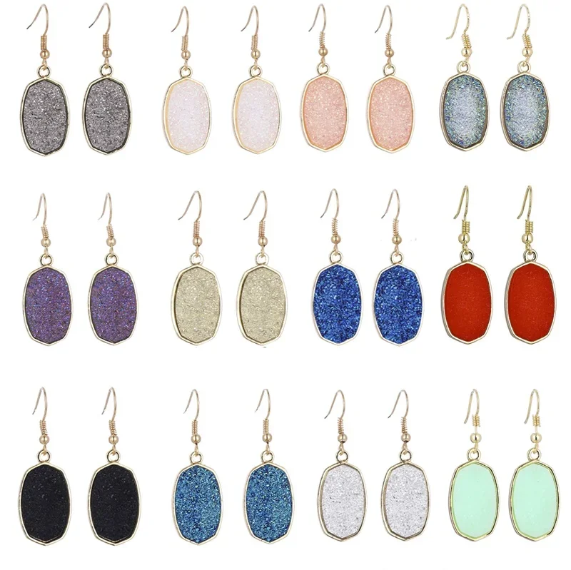 Oval Hexagon Resin Druzy Drusy Dangle Earrings Gold Plated Brand Jewelry for Women Gift