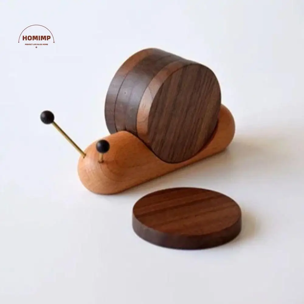 

Cute Snail Shape Drink Coaster Set Walnut Wooden Magnetic Table Insulation Pad Heat Resistant Anti Slip Tea Tray Countertop
