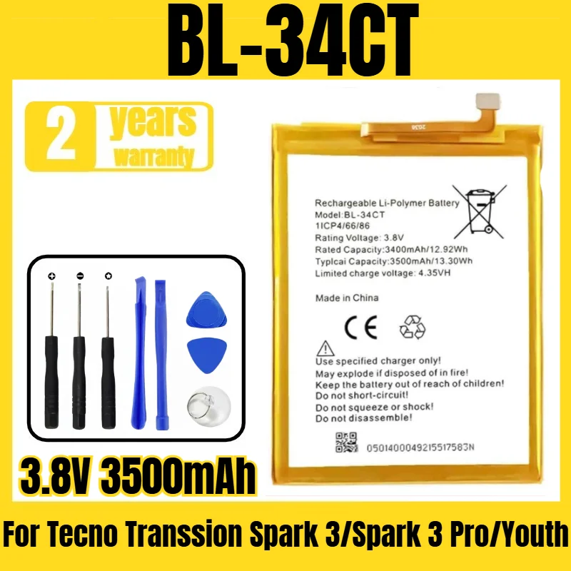 

Suitable for Tecno Transsion Spark 3/Spark 3 Pro/Youth/KB7/KA6/KB8 batteries BL-34CT mobile phone batteries 3.8V 3500mAh