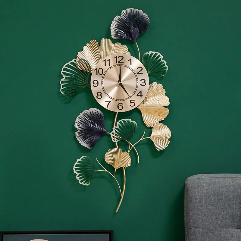 Nordic light luxury style wall clock Living room free punch hanging entrance ginkgo leaf decoration