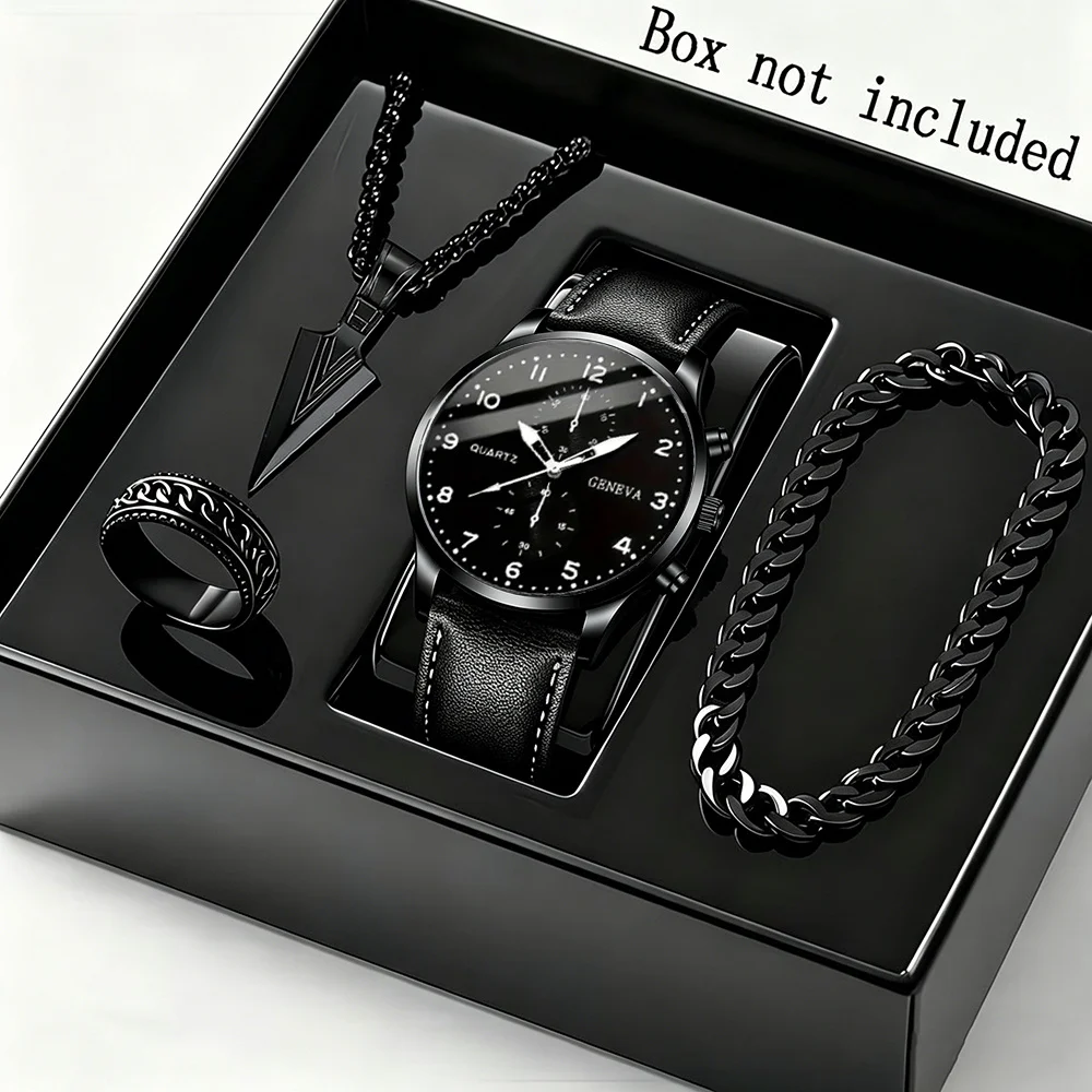 4pcs Set for Men Round Watch & Fashion Accessory Set Watch for Men necklace, men's bracelet, men's ring Elegant men's watch