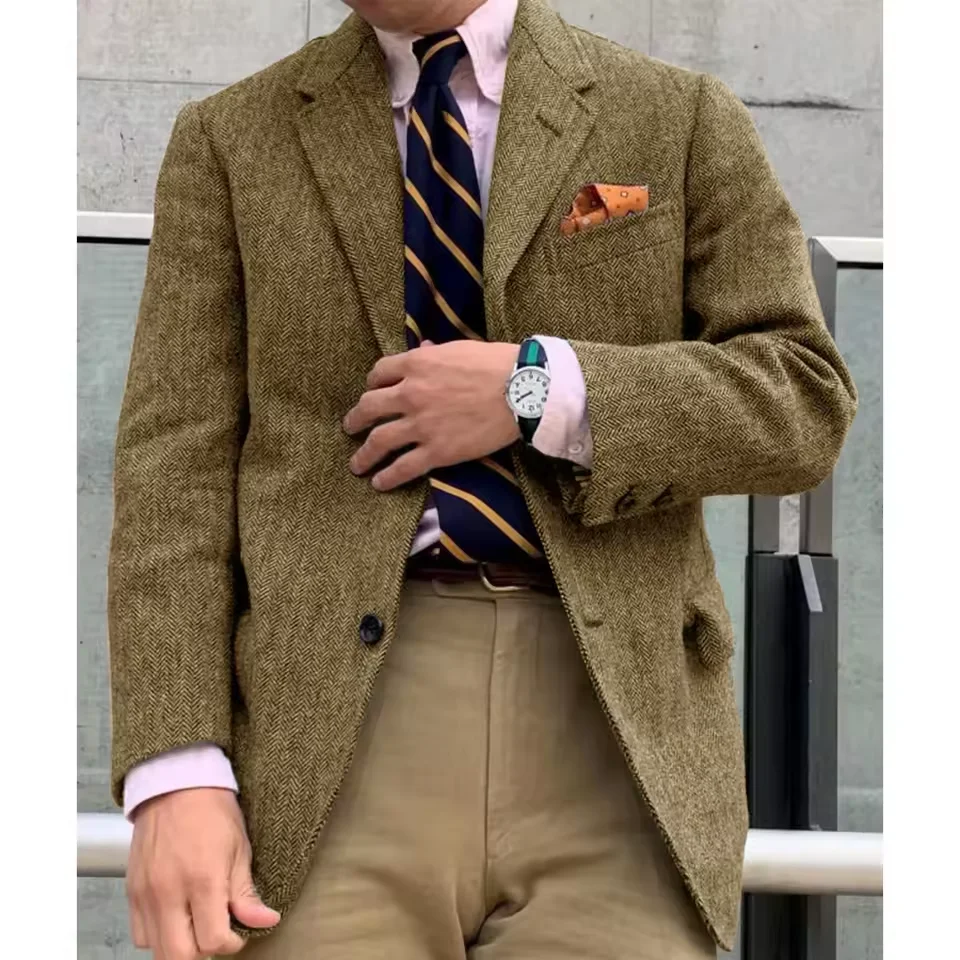 

Mens Herringbone Suit Jacket Single Breasted Large Pockets Business Blazer Casual Loose Fashion Slim Fit Comfort Elegant Mens