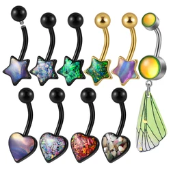 1Piece Surgical Steel Opal Stone Navel Barbell Black Gold Plated Star Heart Belly Button Rings Piercing Jewelry 14G