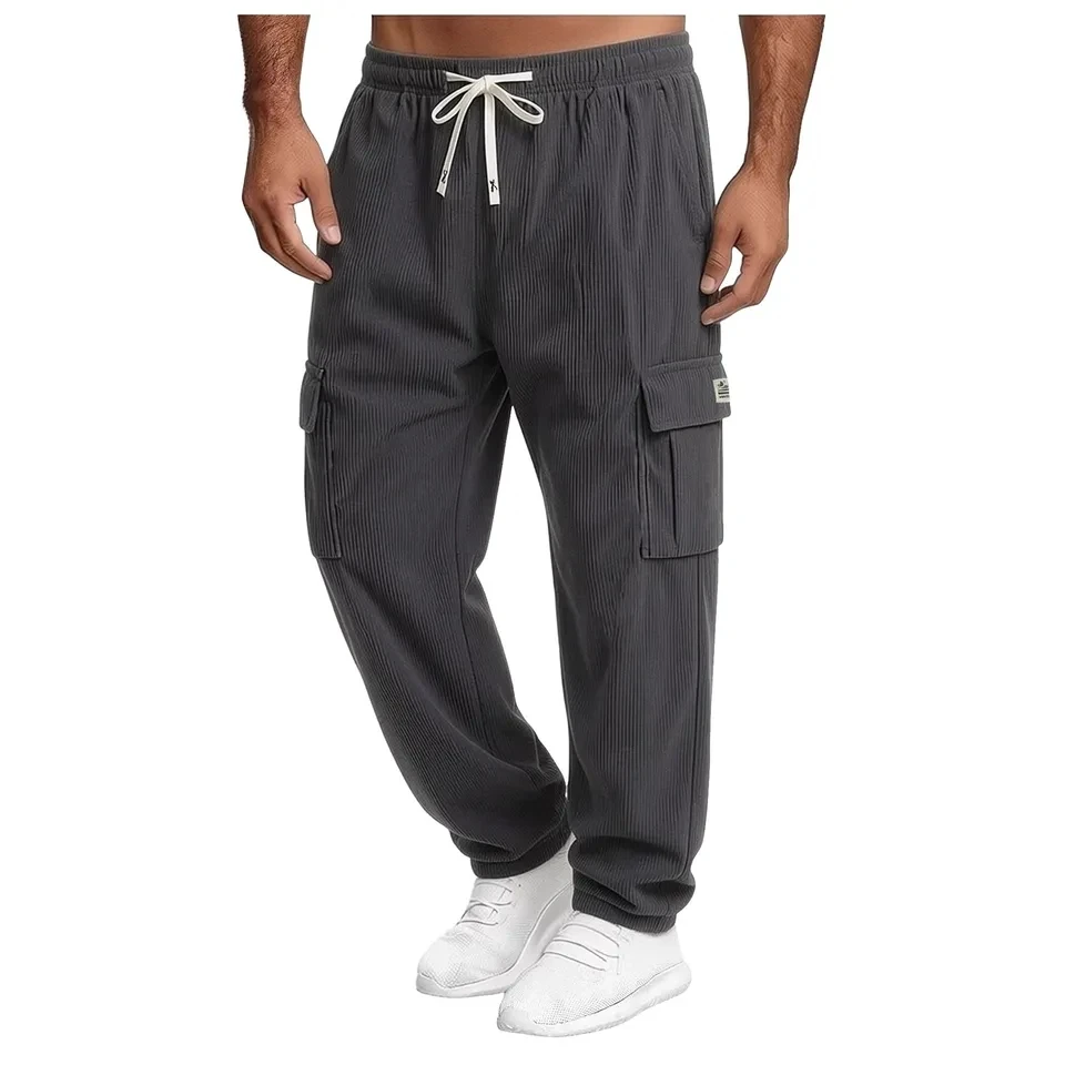 Mens Corduroy Cargo Pants Fashion Loose Fit Straight Leg Sweatpants Solid Color Casual Elastic Waist Drawstring Jogging Pants