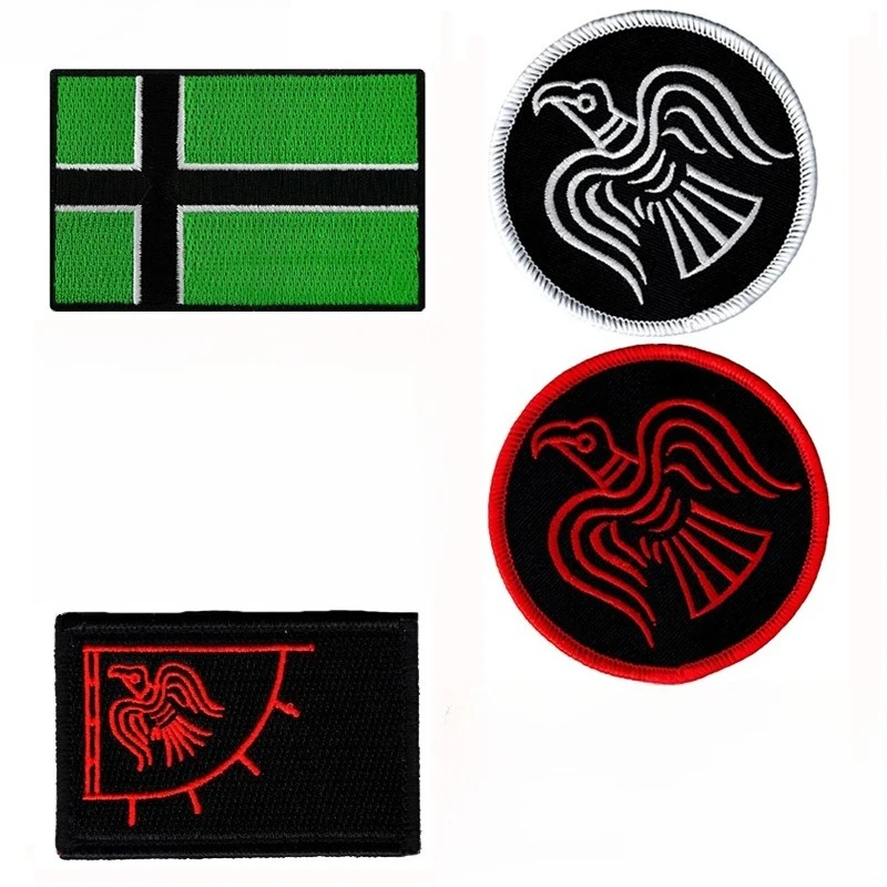 Viking Cross Flag Embroidered Patch Hook Backing with Loop Side Sacred Totem Bird Symbol Circle Morale Badge for Backpack&cap
