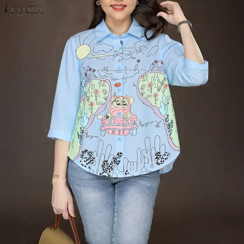 ZANZEA Frauen Stilvolle Shirts Mode 3/4 Hülse Casual Bluse Herbst Frühling Revers Elegante Büro Streetwear Koreanische Blusas Tops