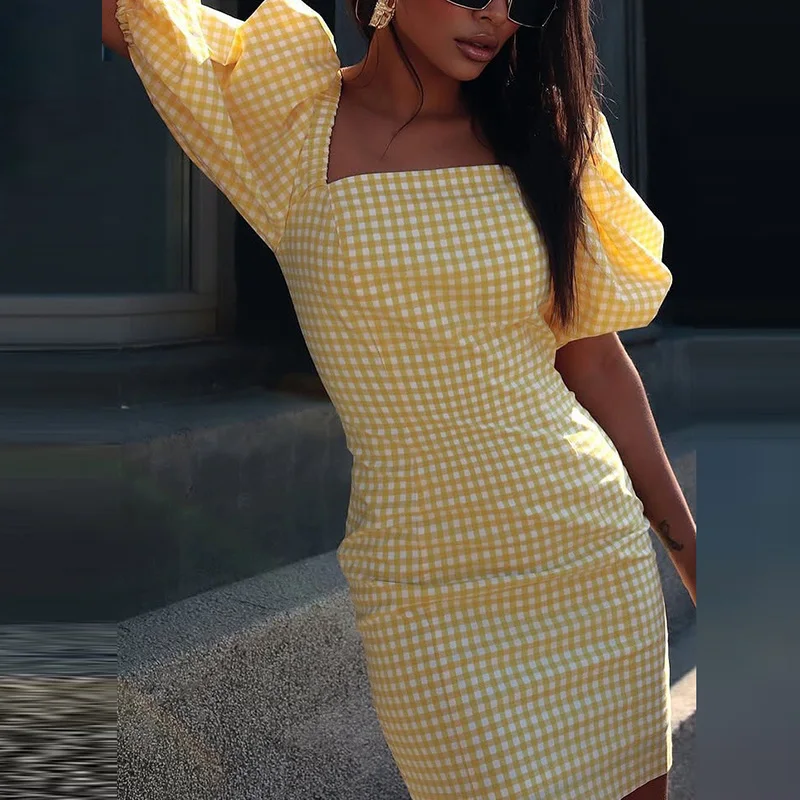 فستان قصير أنيق منقوش بطباعة ثنيات أنيق بياقة مربعة للتنقل فستان قصير نسائي كاجوال بأكمام منتفخة فستان حفلات الأعياد