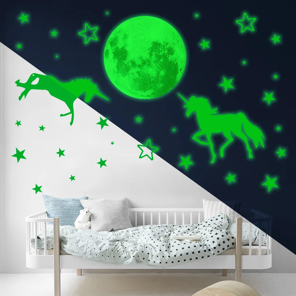 2 Unicorns Luminous Moon Stars Glow Stickers Pvc Home Decoration Bedroom Children's Room Baby Room