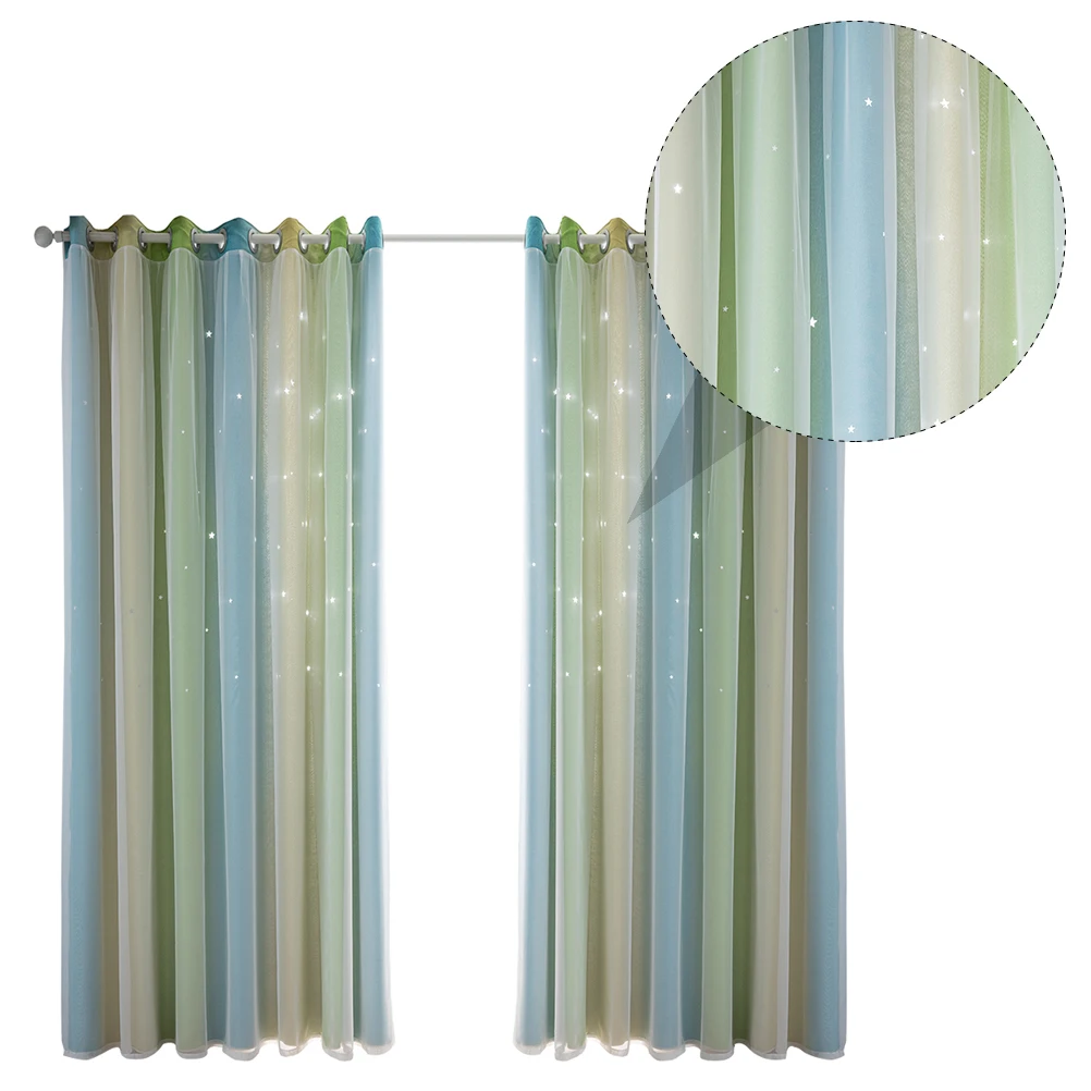 

2 Pcs Blackout Curtains Dark Green Chiffon Child Blinds Window Shade Bedroom Living Room Double Layer Insulation Privacy