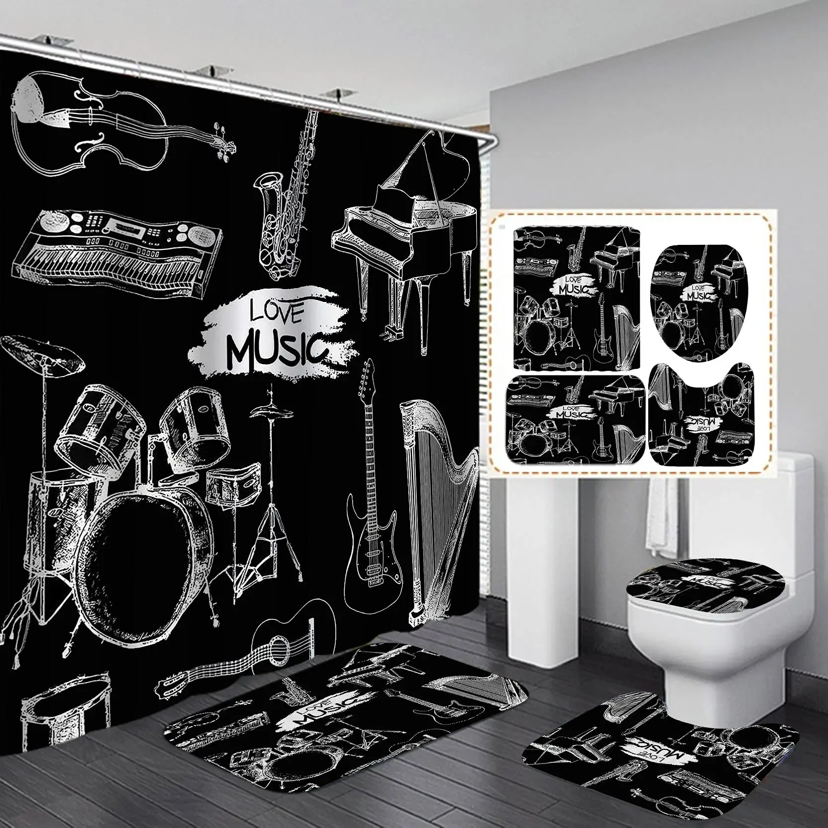 4PCS Fire Burning Electric Guitar Shower Curtain Sets, Stone Wall Modern Bathroom Sets Waterproof,Non-slip Bath Rugs Toilet Mat