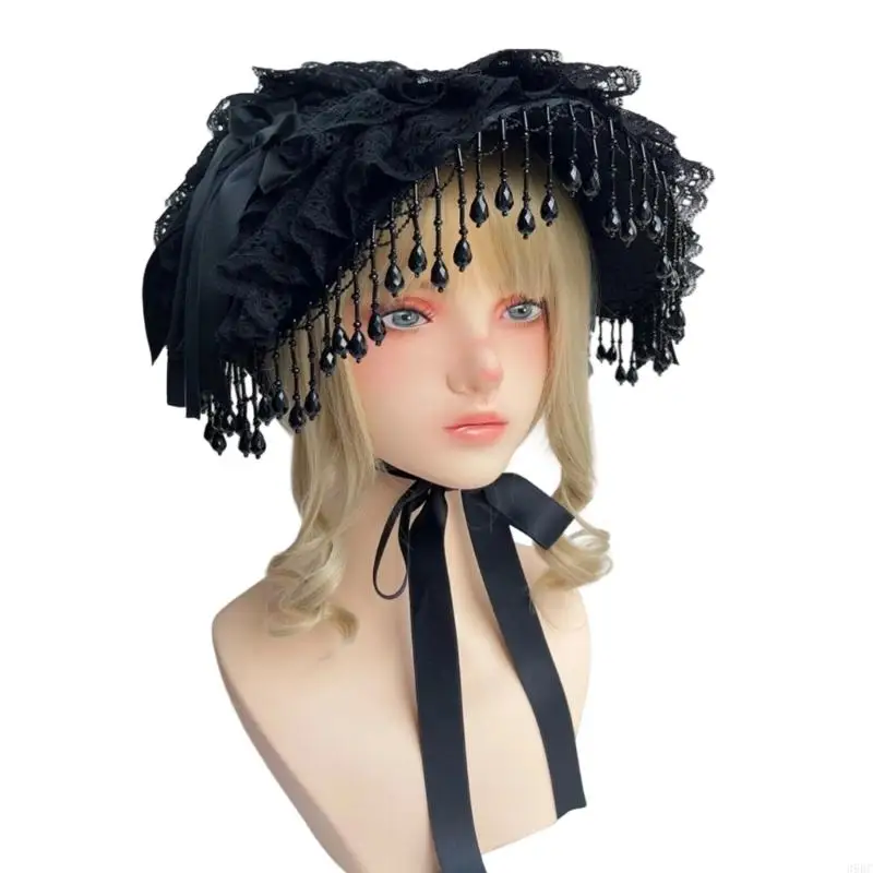 

39BC Handmade Lace Bonnet Hat Gothic Maid Hat with Adjustable Ribbon Tie Black Pearls Fringed Trim Hat Women Anime Headwear