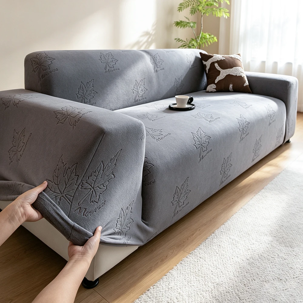 Maple Leaf Pattern Jacquard Sofa Slipcover High Elastic, Pet Proof & Removable Dust-Proof Soft Couch Protector for Living Room