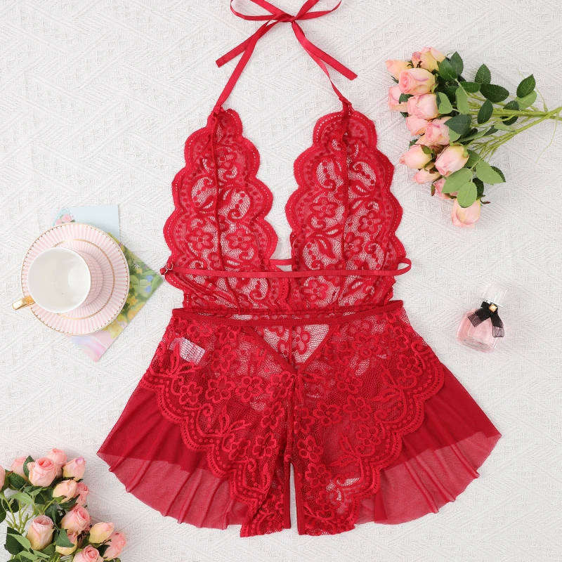 Women's Hollow Crotchless Bodysuit Slim Fit Erotic Mesh Lace Jumpsuit Bodysuit Summer Sexy Fashion Sleepwear Dress