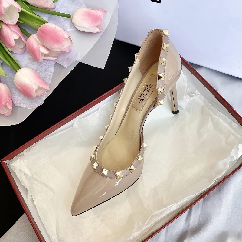 luxury women\'s shoes 2024 Brand Woman Sandals Rivets Summer Ladies High Heels Shoes Female Leather Pointed Toe Pumps Fashion