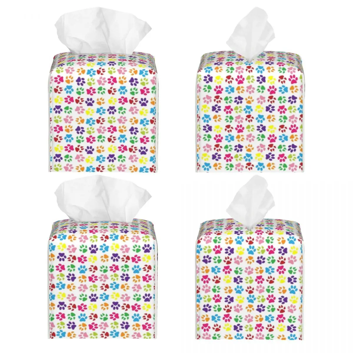 Custom Rainbow Paw Print Pattern Cute Tissue Box Cover Square PU Leather Pretty Pet Facial Tissues Holder for Home