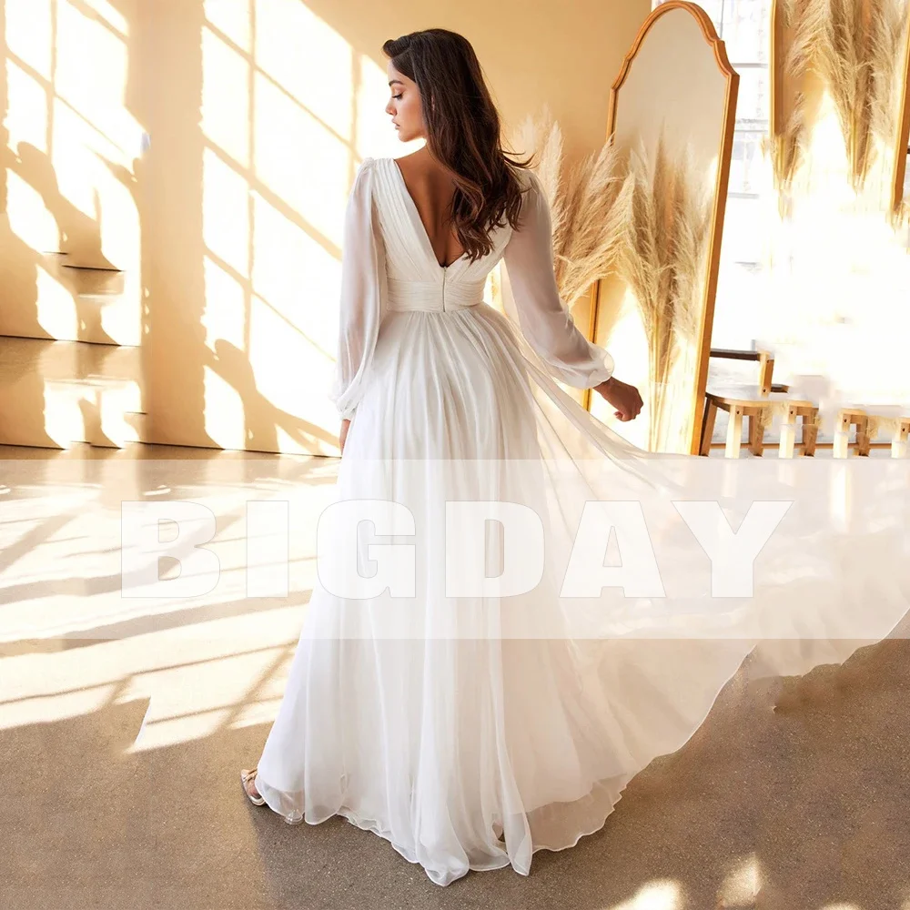 Elegant A-Line Wedding Dress Women V-Neck Long Puff Sleeve Open Back Pleat Bridal Gown Sweep Train Vestido De Noiva Floor-Length