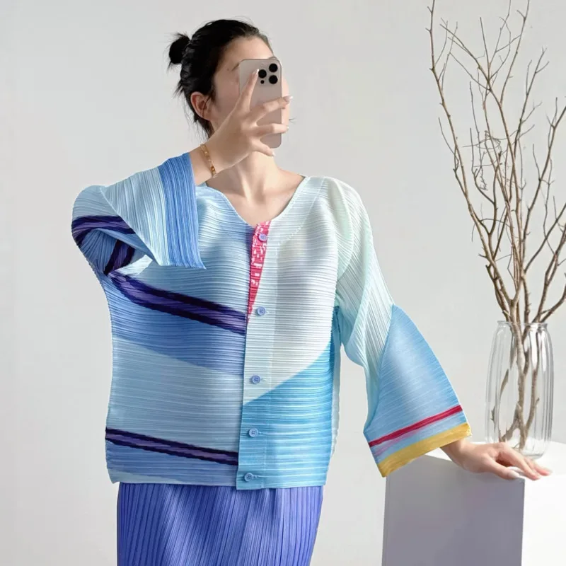 Women Colorful Stripe Flare Sleeve Casual Top 2026 Spring New Elegant Ice Blue Gradient Pleated Casual Chic Female Clothing