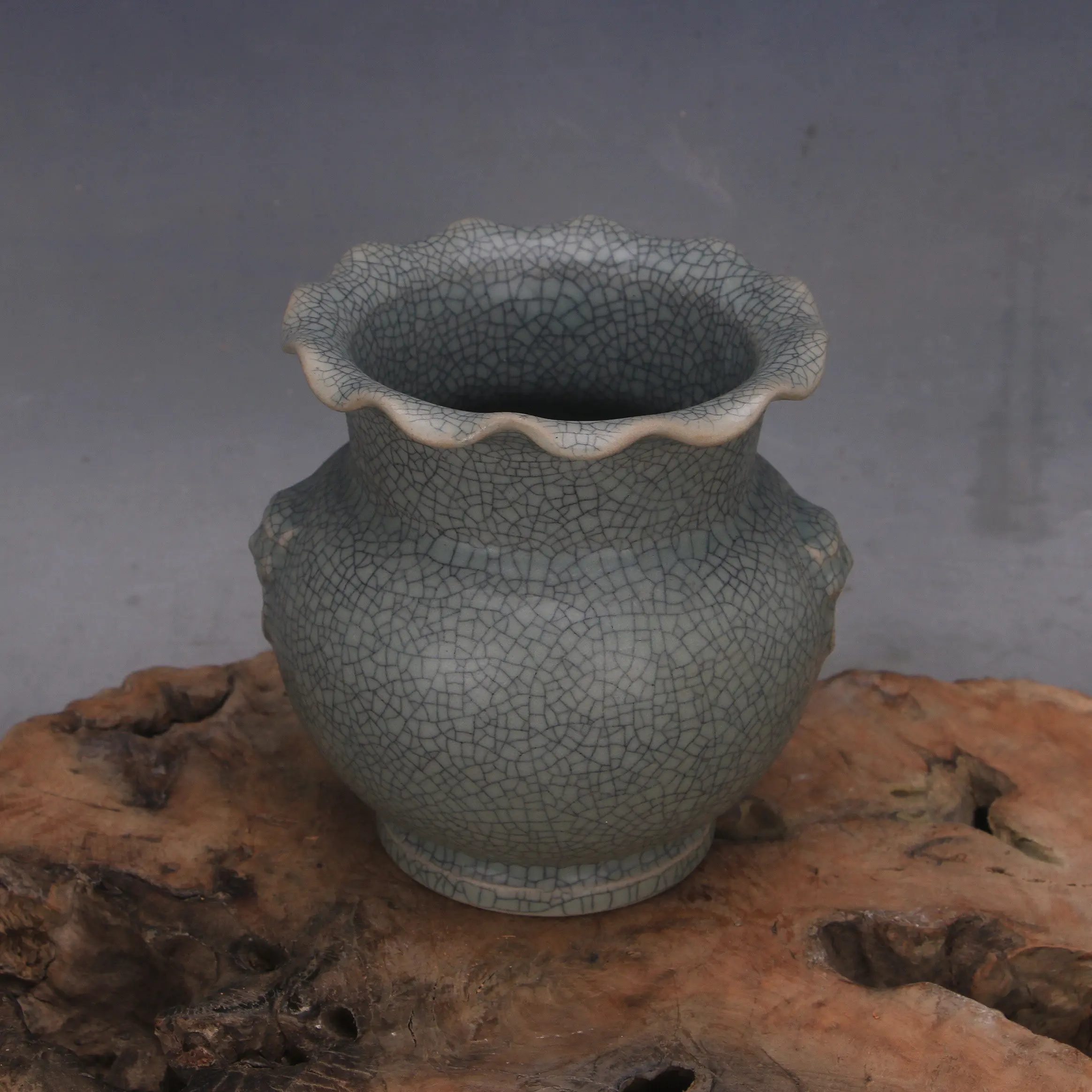 Song Dynasty Ru Ware Celadon Crackle Double Dragon Handles Zun Vase with Spur Marks Vintage Porcelain Collectible Home Decor