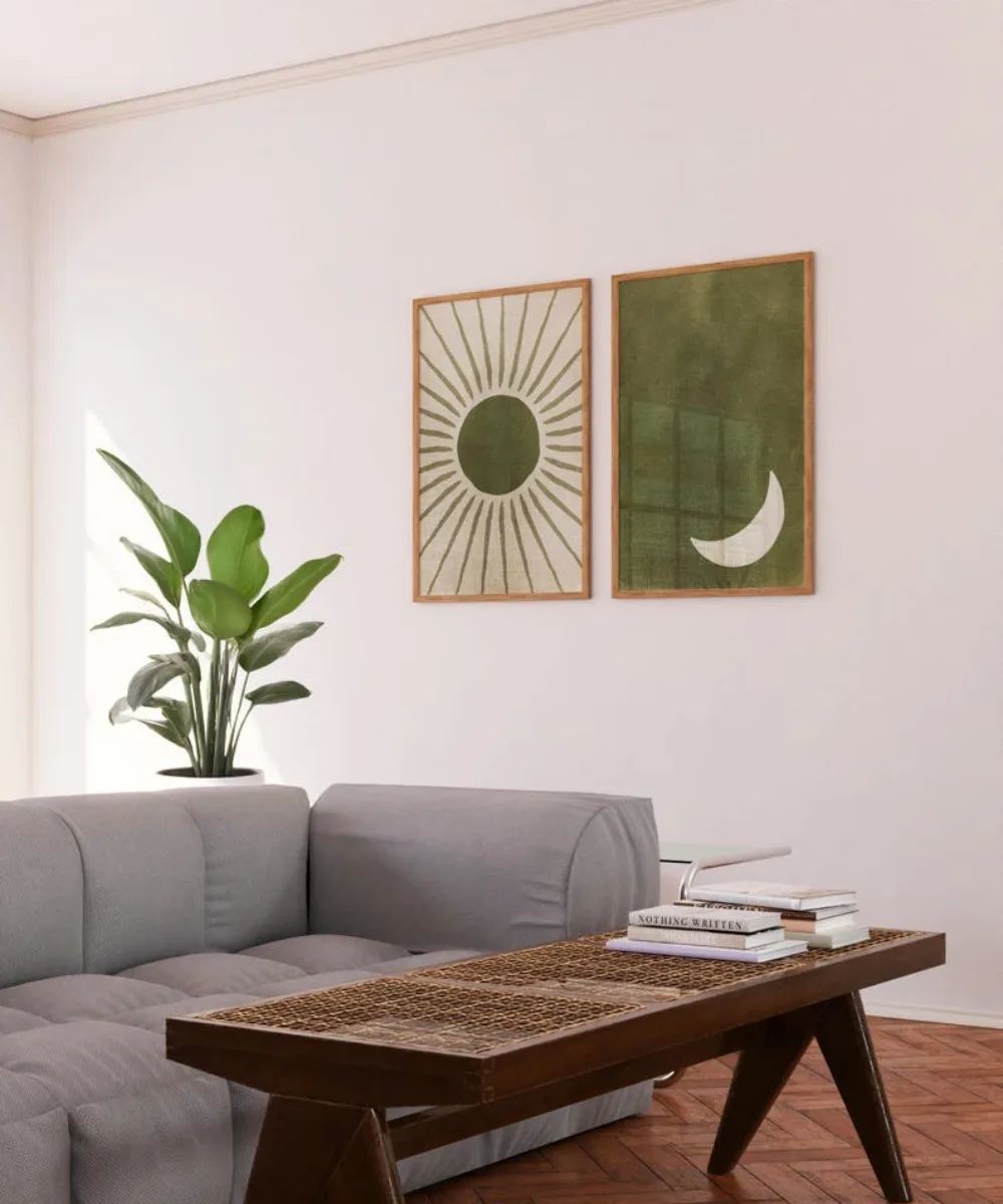 Sage Green Wall Art Abstraction,olive Green Wall Art,sun and Moon,a Set of 2 Prints,day and Night Art,frameless Canvas Painting