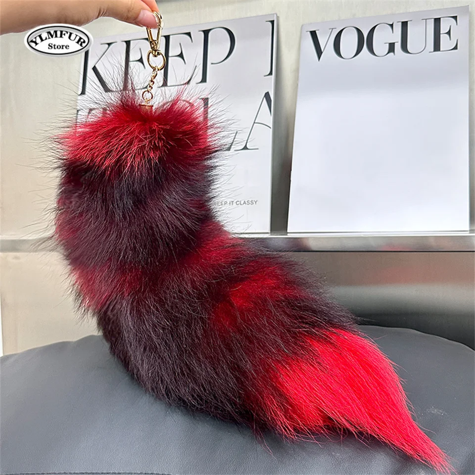 natural fox tail keychain furry 2024 chic y2k fox fur   keyring Car accessory length 40 cm furry fur tail keychains For Women