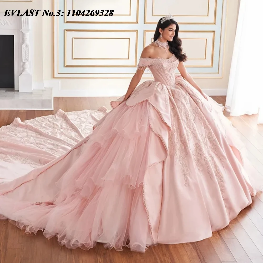 EVLAST Personalizzato Rosa Abito Quinceanera 2025 Abito di Sfera Applique di Pizzo In Rilievo Corsetto di Cristallo Dolce 16 Abiti Da 15 Anos E3Q107