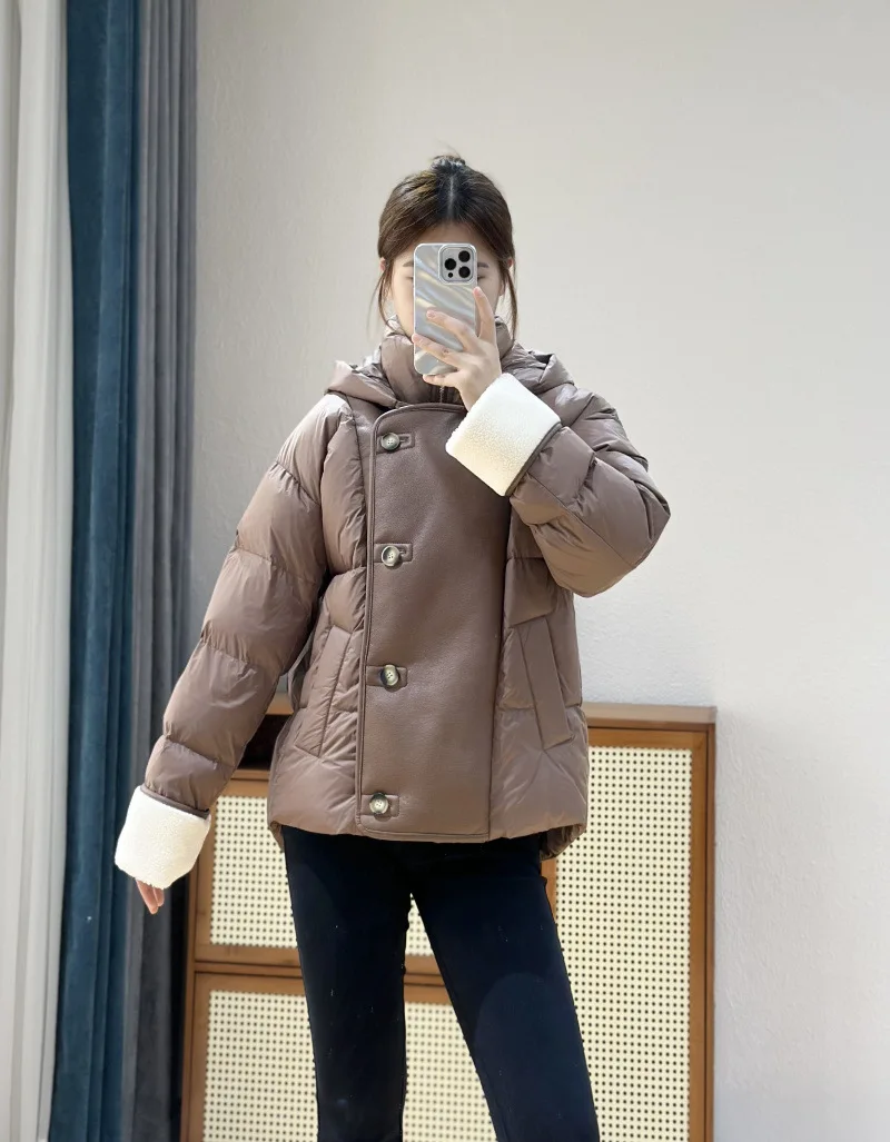 Winter European Women's Down Jacket Commuting Hooded Loose Windproof PU Leather Jacket