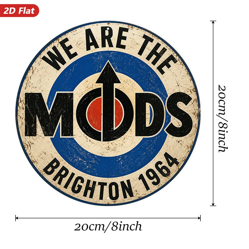 2D Flat, 1pc Mod Target Round Metal Sign Wall Art, We Are The Mods Text, Ideal for Workspace Entryway Living Room, Brighton 1964