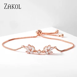 ZAKOL Simple Leaf Cubic Zirconia Adjustable Bracelets for Women Fashion Party Jewelry