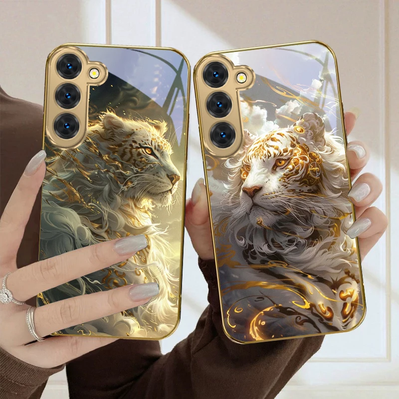 Cloud patterned tiger For Samsung Galaxy S26 S20 FE S21 Ultra S23 Plus S24 Ultra S25 S21+ S22Plus S26 24 Golden glass phone case