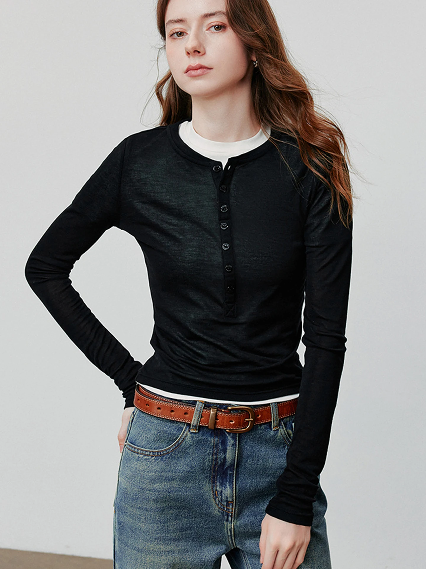 

Ele Knitted Long Sve Pure Color Base irt Faionable Commute Sle f Женская шелковая футболка на пуговицах