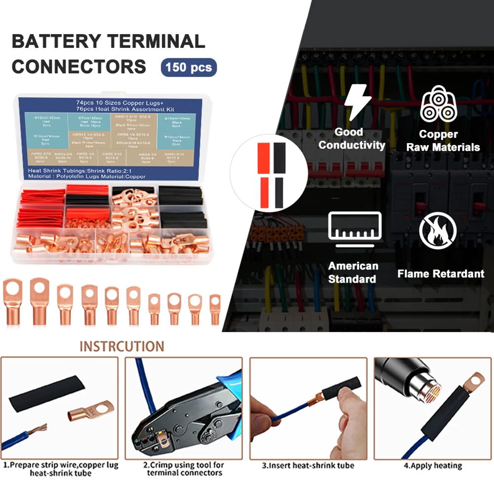 

150pcs Battery Cable Ends Awg 2 4 6 8 10 Gauge Wire Connectors,Copper Ring Terminals with Heat Shrink Set,74 pcs Cable Lugs Ring
