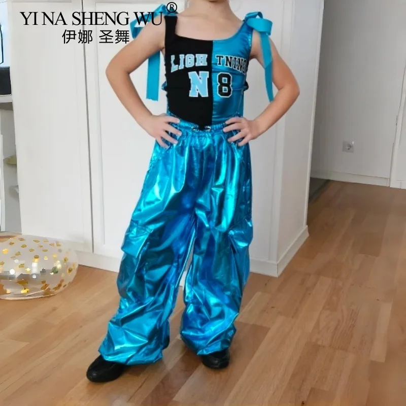 Kids Street Dance Jazz Performance Costumes Girls Hip Hop Summer Fashion Blue Short Sleeve T-Shirt Boys Catwalk Stage Pants Suit