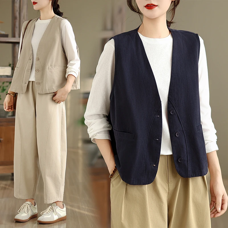 

Хлопковый жилет-безрукавка женский, весенне-осенний, свободного кроя, с V-образным вырезом, простой дизайн, универсальный, стандартной длины, для работы