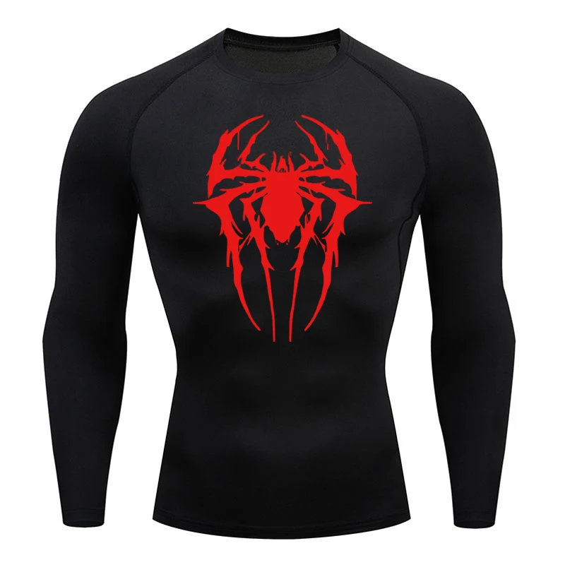 Spider Print Compression Shirts for Men Training Long Sleeve Rash Guard Gym Workout Tshirt Athletic Quick Dry Undershirts Tops