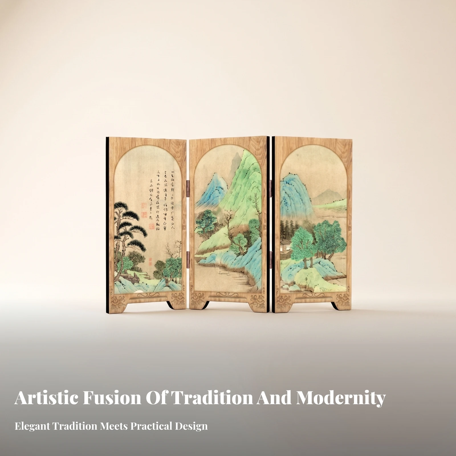 Chinese-Style Screen Decoration Retro Tabletop Screen Three-Panel Divider Carved Base Hinged for Study