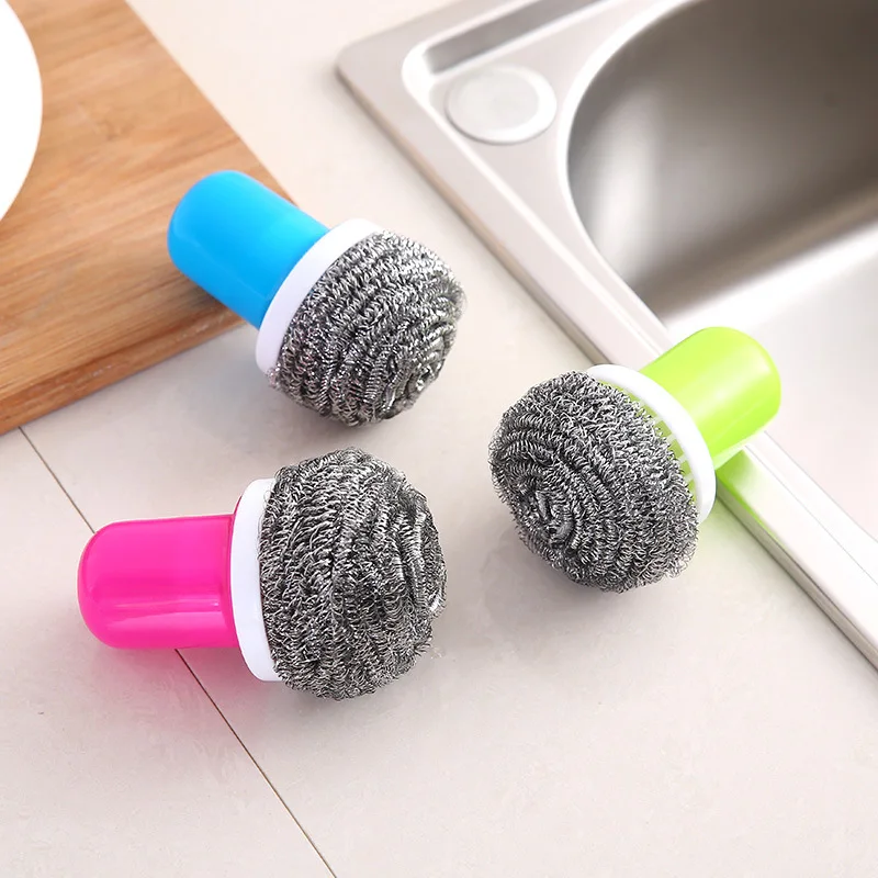 Wire Ball Brush With Long Handle Pan Cleaning Brush Dish Handle Washing Brush Stainless Steel Wire Ball Kitchen Cleaner