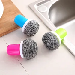 Wire Ball Brush With Long Handle Pan Cleaning Brush Dish Handle Washing Brush Stainless Steel Wire Ball Kitchen Cleaner