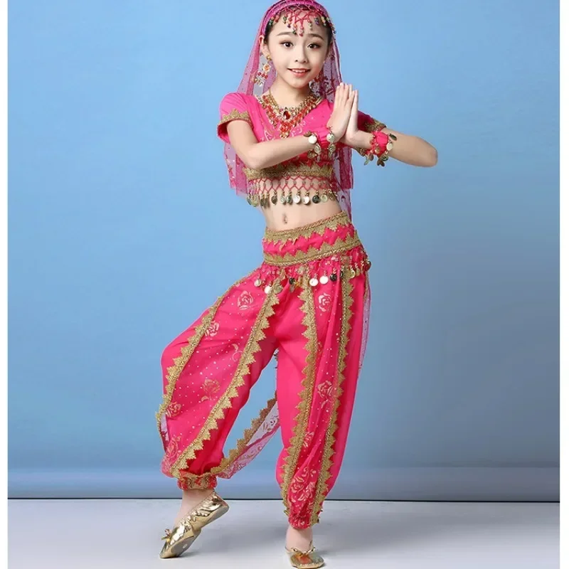 Zestaw strojów do tańca brzucha dla dzieci, strój do występów, Bollywood, Egipski taniec, taniec indyjski, szyfon, 4 kolory, korona, spodnie, zestaw dla dziewczynek