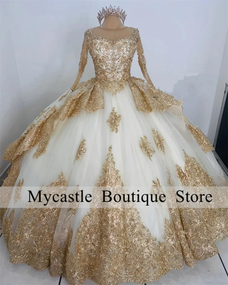 Vestidos De princesa champán para quinceañera, manga larga, vestido De baile, apliques De perlas, dulce 16, 15 Años, 2023