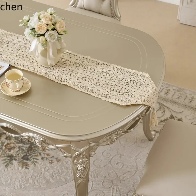 HT  Solid Wood Long Dining Table Household Oval Dining Table and Chair Set Furniture