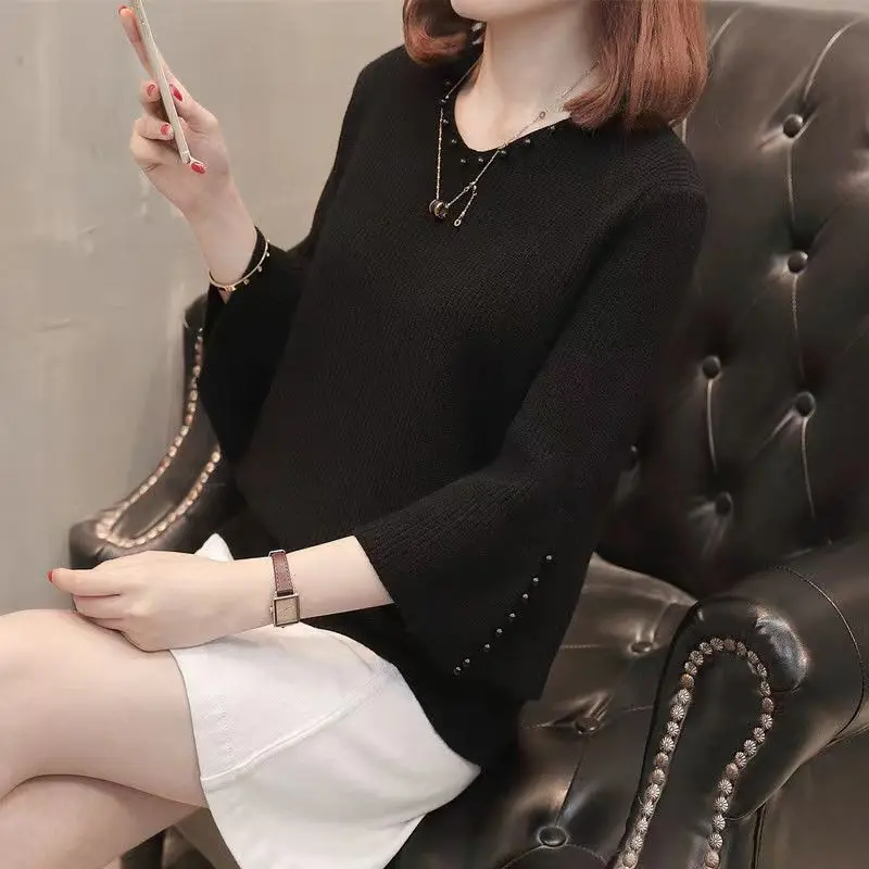 Autumn Winter Warm Pearls V-neck Flared Sleeve High Elastic 2023 Solid Color Knit Women Sweater Jumper Elegant Sweet Pullov Top